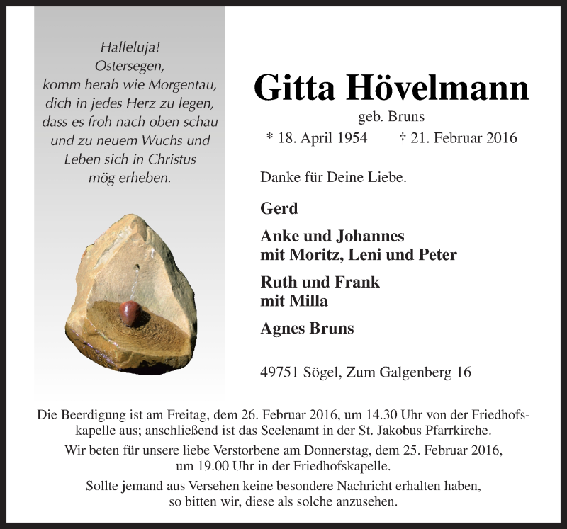  Traueranzeige für Gitta Hövelmann vom 23.02.2016 aus Neue Osnabrücker Zeitung GmbH & Co. KG