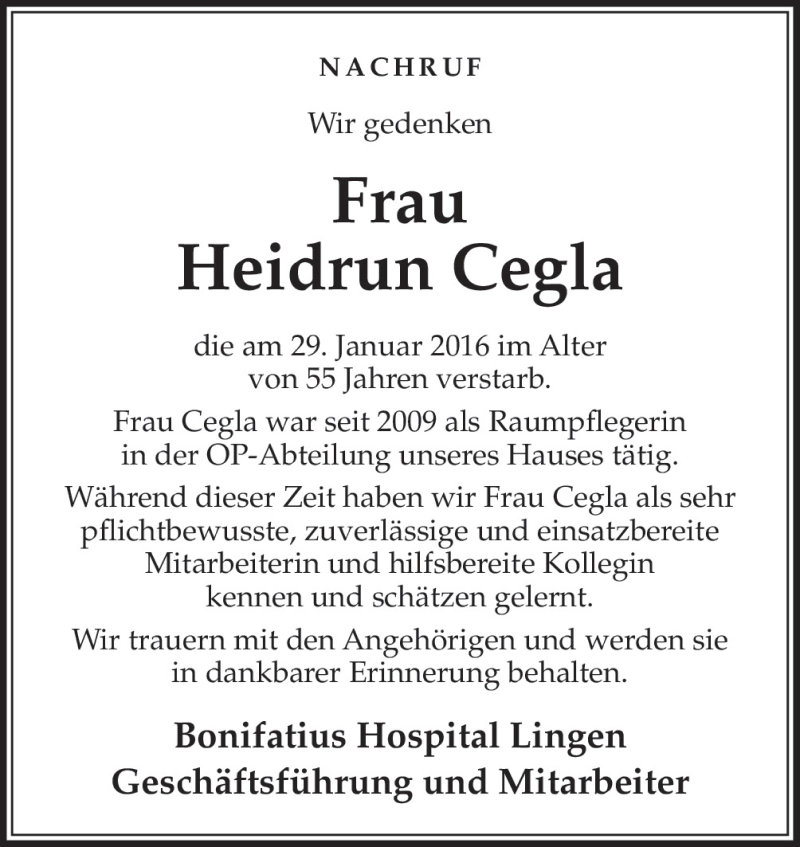  Traueranzeige für Heidrun Cegla vom 04.02.2016 aus Neue Osnabrücker Zeitung GmbH & Co. KG