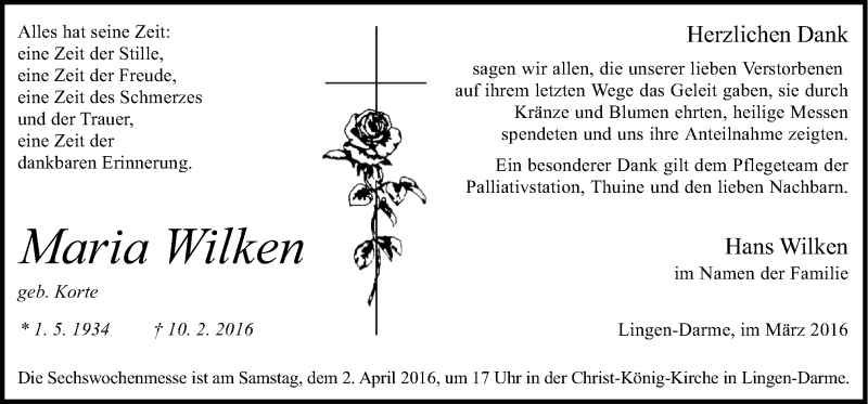  Traueranzeige für Maria Wilken vom 30.03.2016 aus Neue Osnabrücker Zeitung GmbH & Co. KG