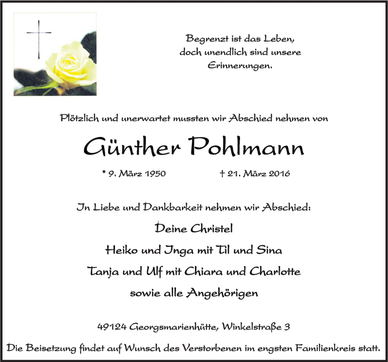  Traueranzeige für Günther Pohlmann vom 22.03.2016 aus Neue Osnabrücker Zeitung GmbH & Co. KG