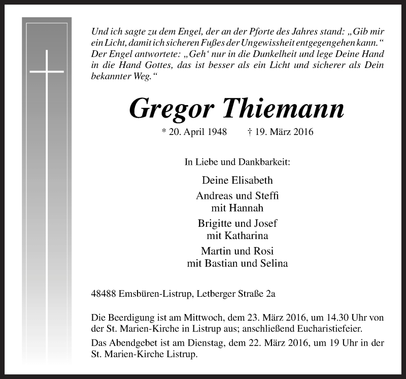 Traueranzeigen Von Gregor Thiemann Noz Trauerportal