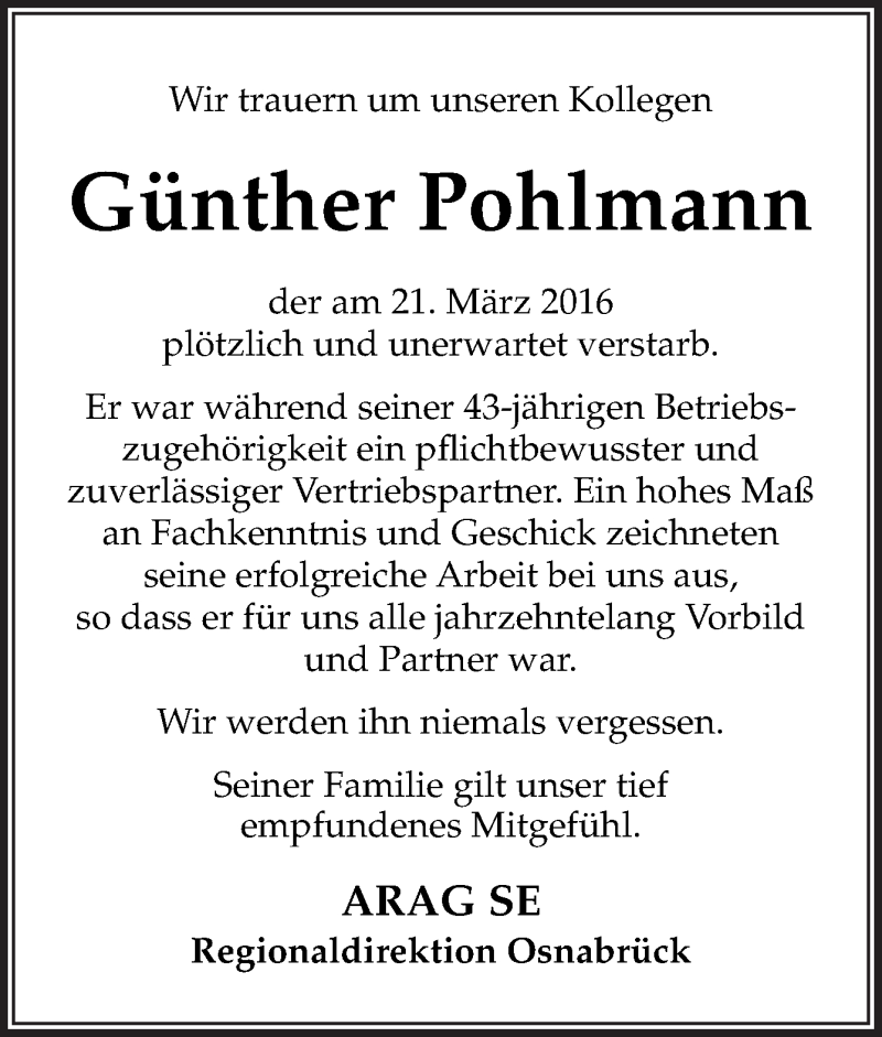  Traueranzeige für Günther Pohlmann vom 26.03.2016 aus Neue Osnabrücker Zeitung GmbH & Co. KG