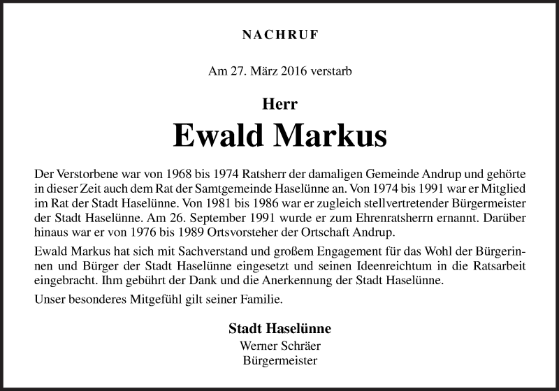  Traueranzeige für Ewald Markus vom 31.03.2016 aus Neue Osnabrücker Zeitung GmbH & Co. KG