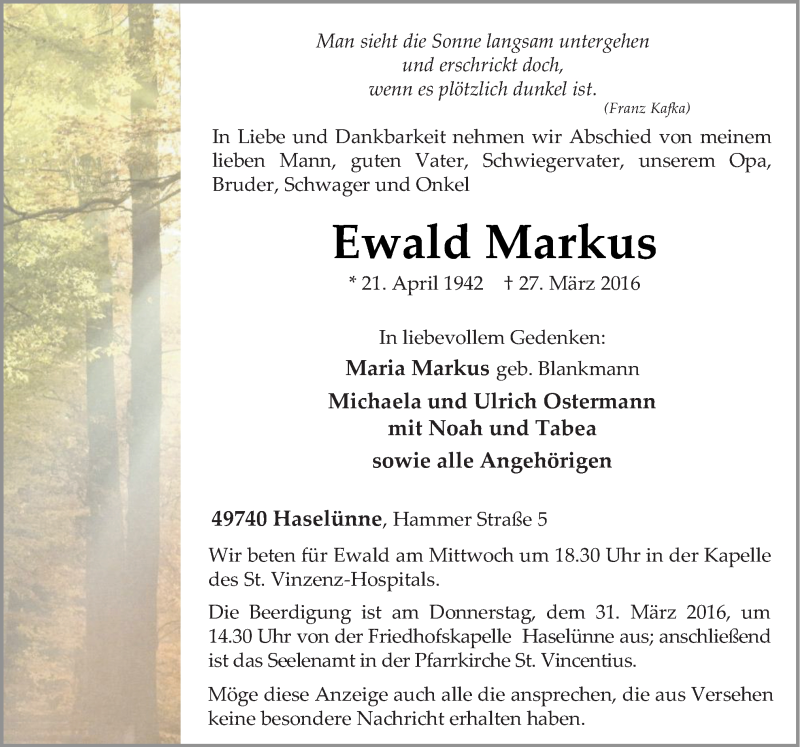  Traueranzeige für Ewald Markus vom 29.03.2016 aus Neue Osnabrücker Zeitung GmbH & Co. KG