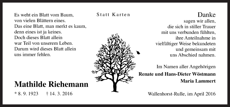 Traueranzeigen Von Mathilde Riehemann Noz Trauerportal