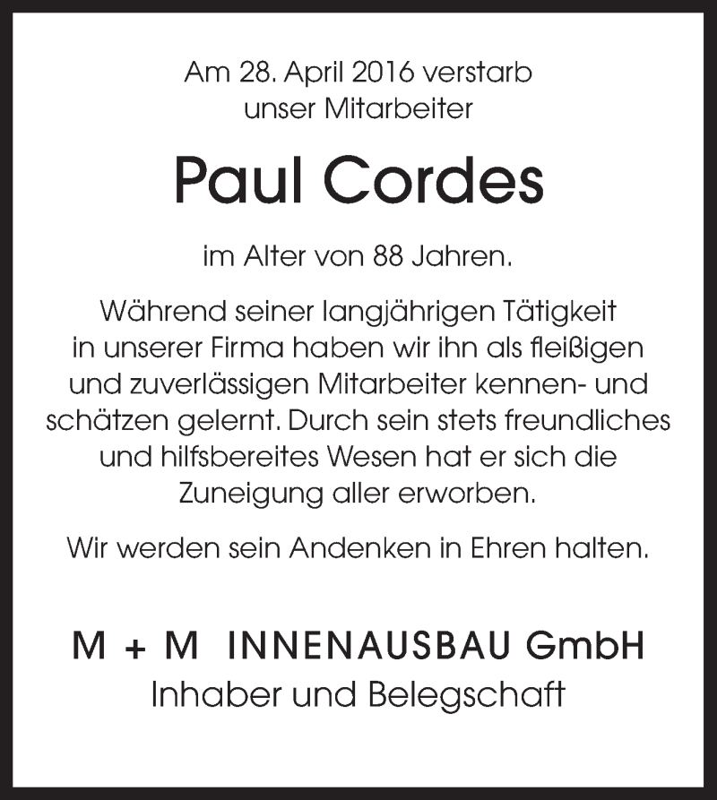  Traueranzeige für Paul Cordes vom 30.04.2016 aus Neue Osnabrücker Zeitung GmbH & Co. KG