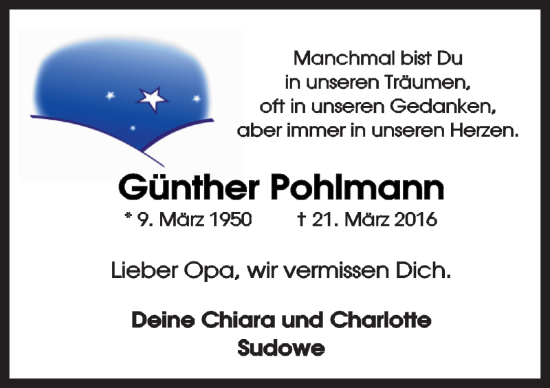  Traueranzeige für Günther Pohlmann vom 30.04.2016 aus Neue Osnabrücker Zeitung GmbH & Co. KG