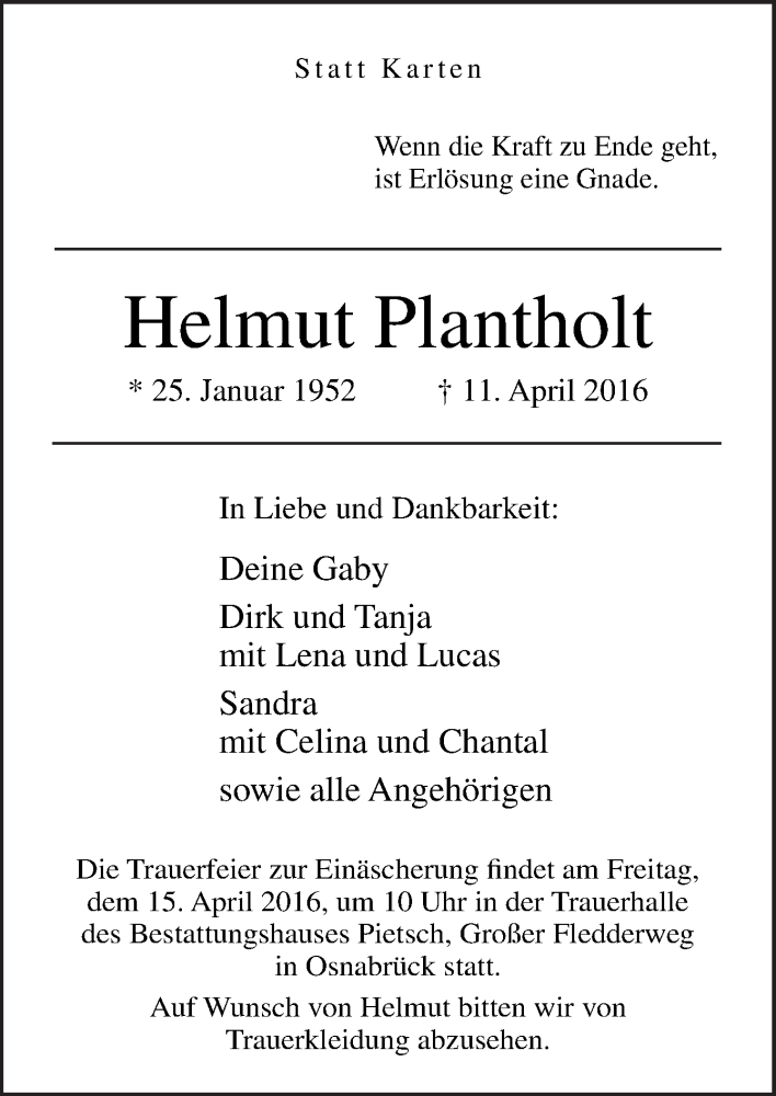  Traueranzeige für Helmut Plantholt vom 13.04.2016 aus Neue Osnabrücker Zeitung GmbH & Co. KG