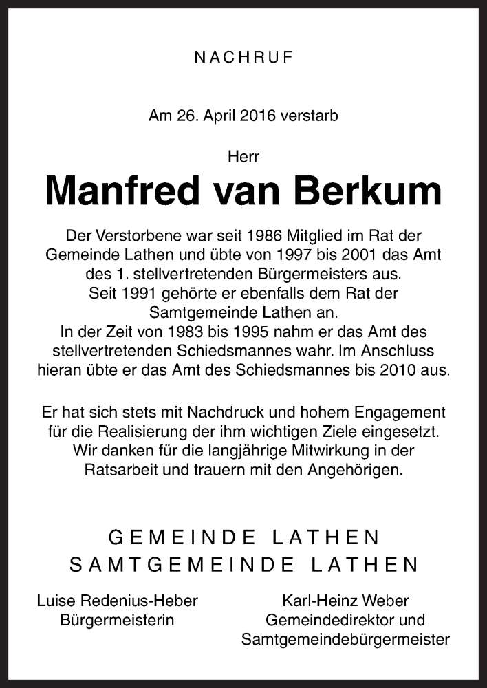  Traueranzeige für Manfred van Berkum vom 30.04.2016 aus Neue Osnabrücker Zeitung GmbH & Co. KG