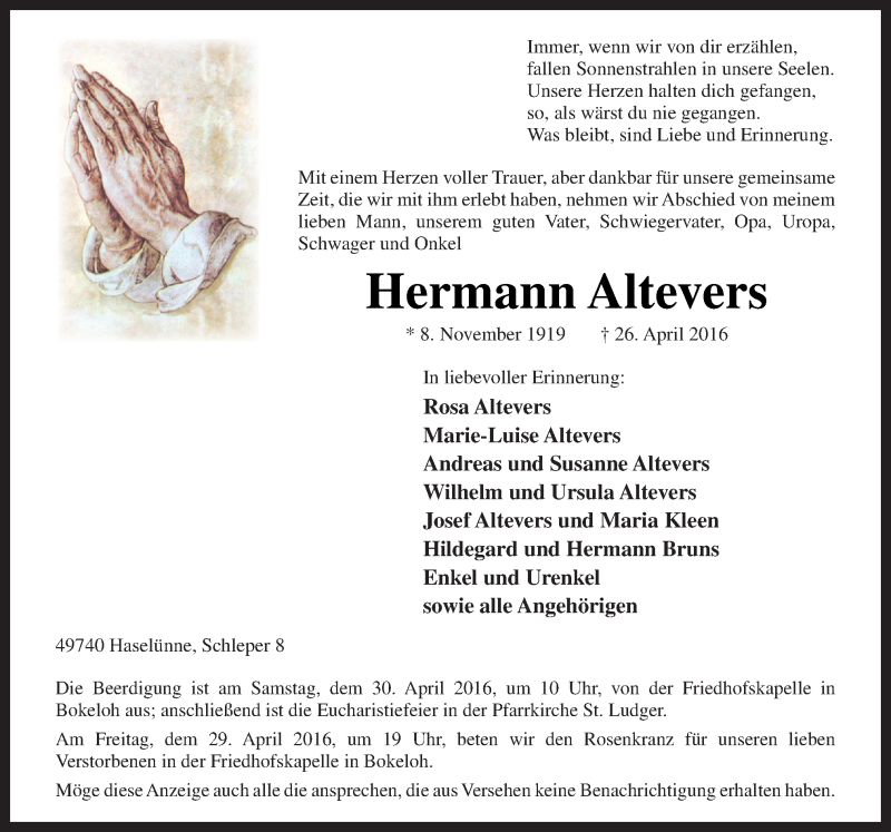  Traueranzeige für Hermann Altevers vom 28.04.2016 aus Neue Osnabrücker Zeitung GmbH & Co. KG