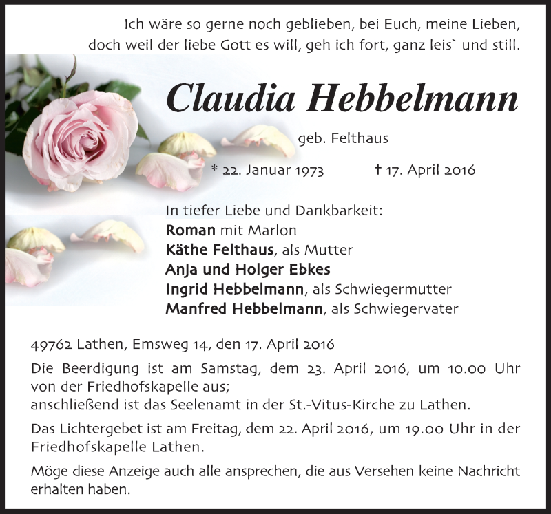  Traueranzeige für Claudia Hebbelmann vom 21.04.2016 aus Neue Osnabrücker Zeitung GmbH & Co. KG