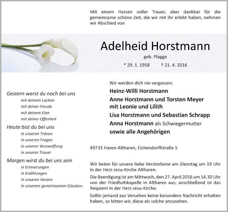  Traueranzeige für Adelheid Horstmann vom 25.04.2016 aus Neue Osnabrücker Zeitung GmbH & Co. KG
