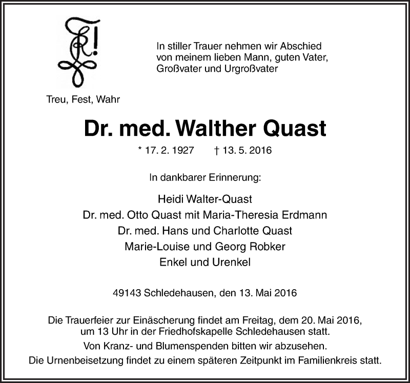 Traueranzeigen Von Walther Quast Noz Trauerportal