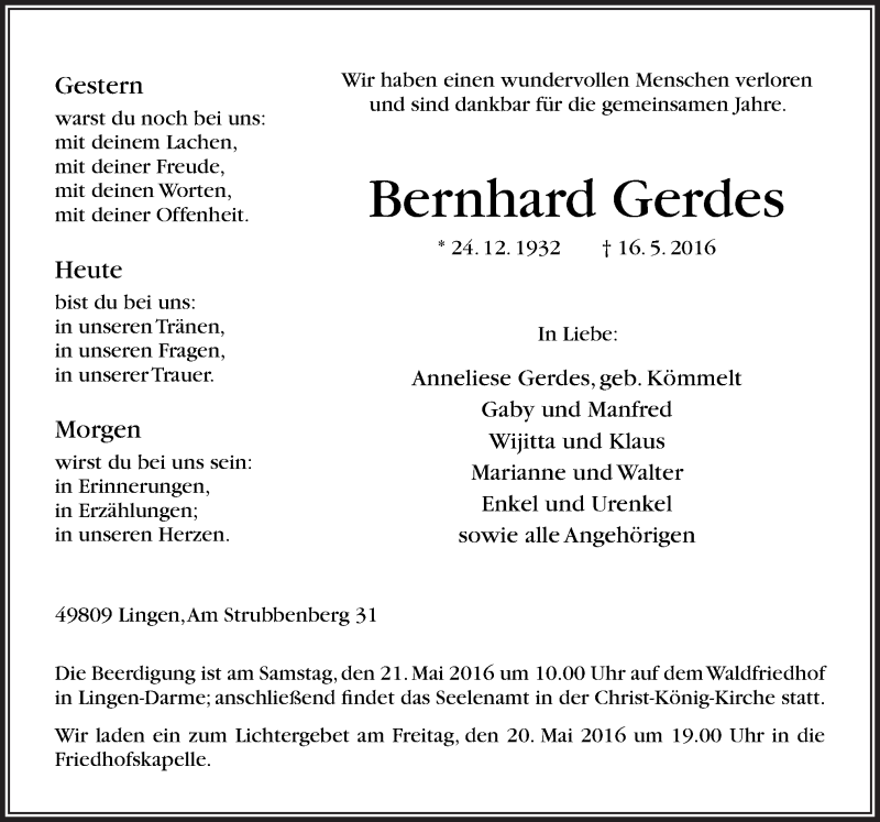 Traueranzeige für Bernhard Gerdes vom 18.05.2016 aus Neue Osnabrücker Zeitung GmbH & Co. KG