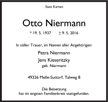 Traueranzeige von Otto Niermann von Neue Osnabrücker Zeitung GmbH & Co. KG