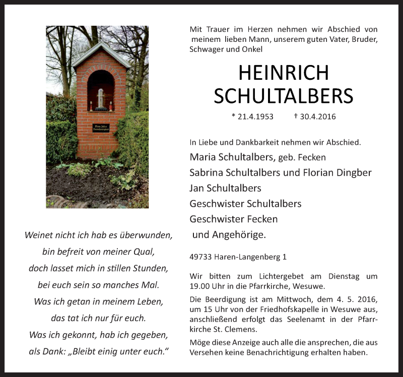  Traueranzeige für Heinrich Schultalbers vom 02.05.2016 aus Neue Osnabrücker Zeitung GmbH & Co. KG