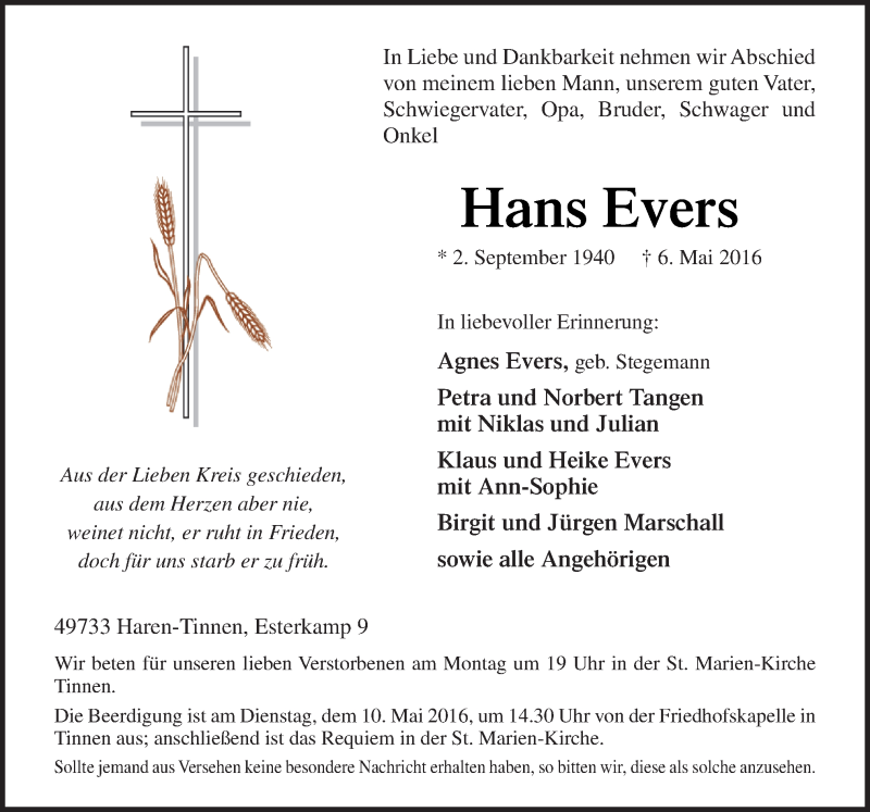  Traueranzeige für Hans Evers vom 09.05.2016 aus Neue Osnabrücker Zeitung GmbH & Co. KG