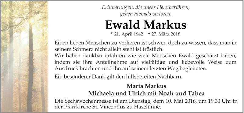  Traueranzeige für Ewald Markus vom 07.05.2016 aus Neue Osnabrücker Zeitung GmbH & Co. KG