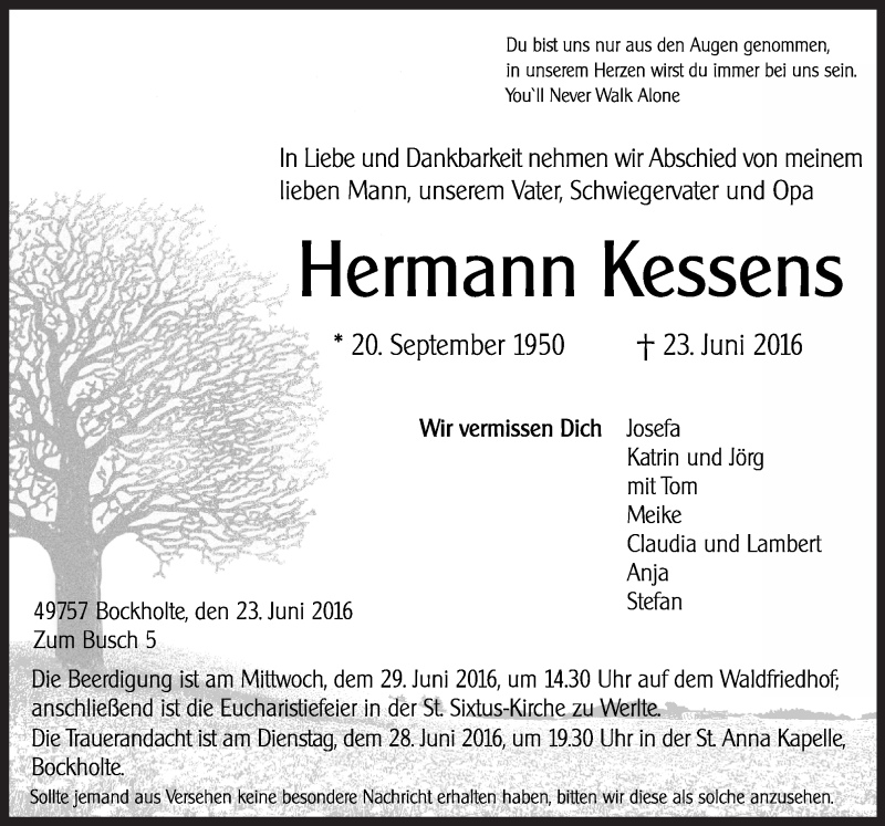  Traueranzeige für Hermann Kessens vom 25.06.2016 aus Neue Osnabrücker Zeitung GmbH & Co. KG