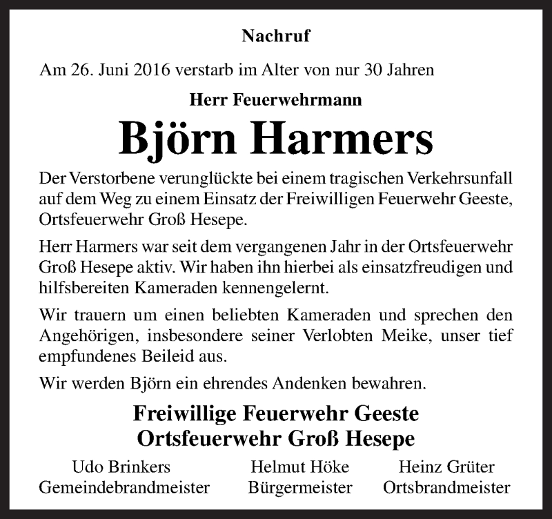  Traueranzeige für Björn Harmers vom 30.06.2016 aus Neue Osnabrücker Zeitung GmbH & Co. KG