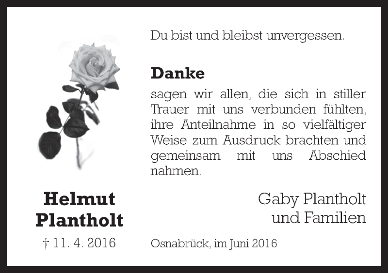  Traueranzeige für Helmut Plantholt vom 01.06.2016 aus Neue Osnabrücker Zeitung GmbH & Co. KG
