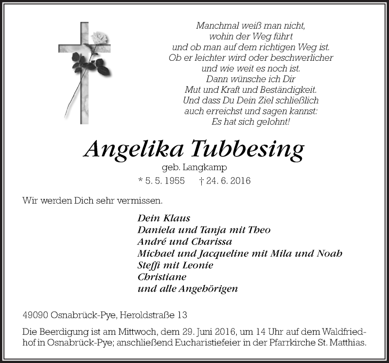  Traueranzeige für Angelika Tubbesing vom 27.06.2016 aus Neue Osnabrücker Zeitung GmbH & Co. KG