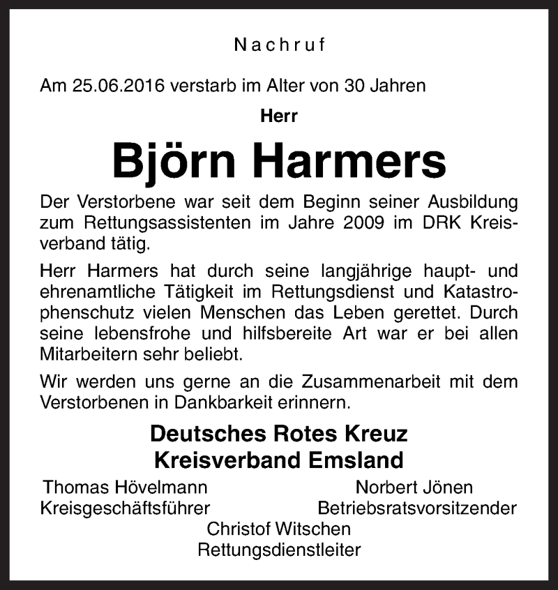  Traueranzeige für Björn Harmers vom 29.06.2016 aus Neue Osnabrücker Zeitung GmbH & Co. KG
