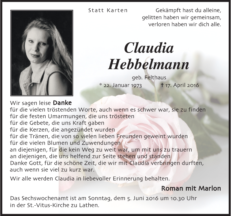  Traueranzeige für Claudia Hebbelmann vom 02.06.2016 aus Neue Osnabrücker Zeitung GmbH & Co. KG