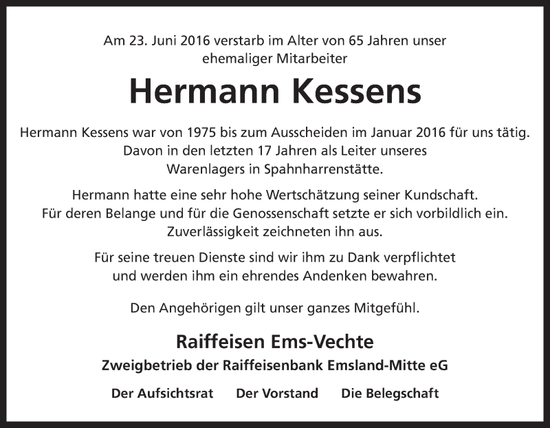  Traueranzeige für Hermann Kessens vom 28.06.2016 aus Neue Osnabrücker Zeitung GmbH & Co. KG