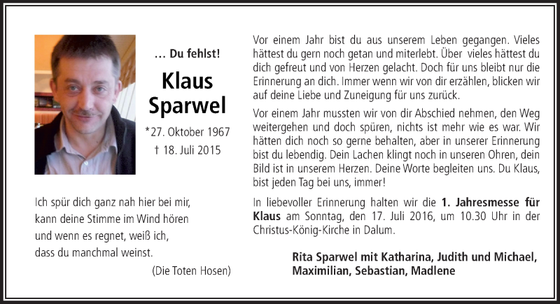 Traueranzeige für Klaus Sparwel vom 13.07.2016 aus Neue Osnabrücker Zeitung GmbH & Co. KG