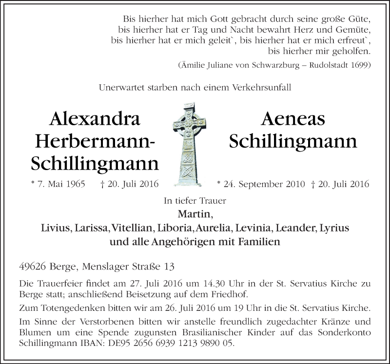 Traueranzeige für Alexandra Herbermann-Schillingmann vom 23.07.2016 aus Neue Osnabrücker Zeitung GmbH & Co. KG