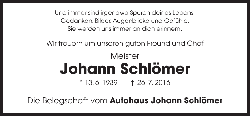  Traueranzeige für Johann Schlömer vom 29.07.2016 aus Neue Osnabrücker Zeitung GmbH & Co. KG
