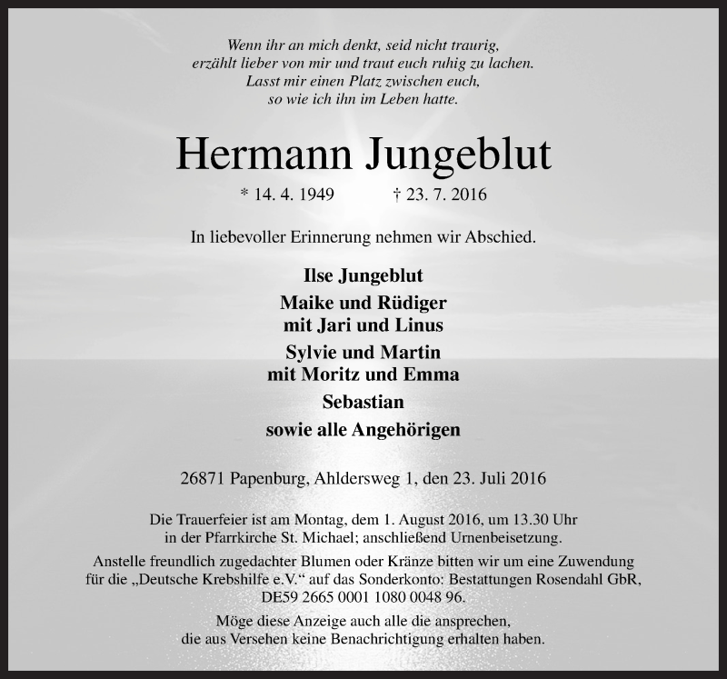  Traueranzeige für Hermann Jungeblut vom 27.07.2016 aus Neue Osnabrücker Zeitung GmbH & Co. KG