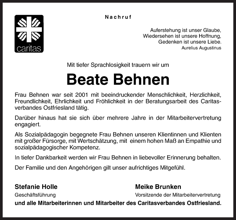  Traueranzeige für Beate Behnen vom 14.07.2016 aus Neue Osnabrücker Zeitung GmbH & Co. KG