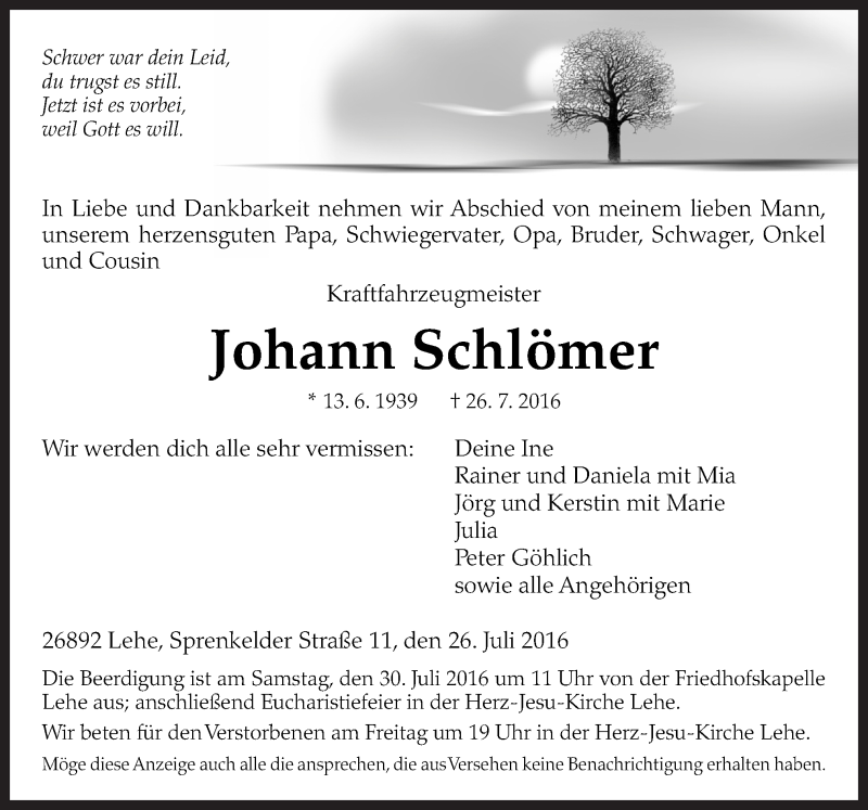  Traueranzeige für Johann Schlömer vom 28.07.2016 aus Neue Osnabrücker Zeitung GmbH & Co. KG