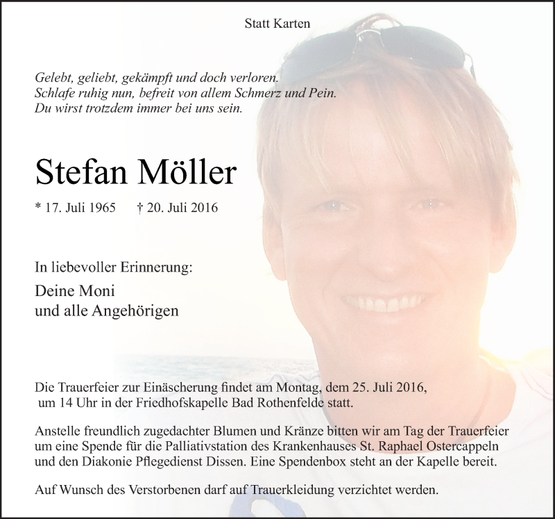  Traueranzeige für Stefan Möller vom 23.07.2016 aus Neue Osnabrücker Zeitung GmbH & Co. KG