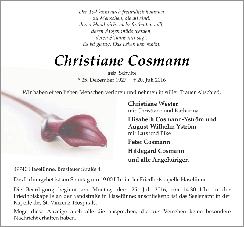 Traueranzeigen Von Christiane Cosmann Noz Trauerportal