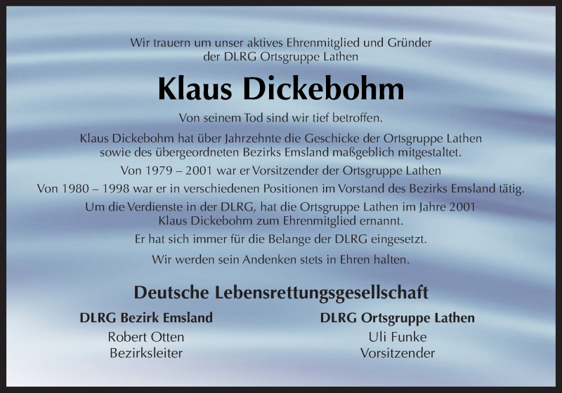  Traueranzeige für Klaus Dickebohm vom 26.08.2016 aus Neue Osnabrücker Zeitung GmbH & Co. KG