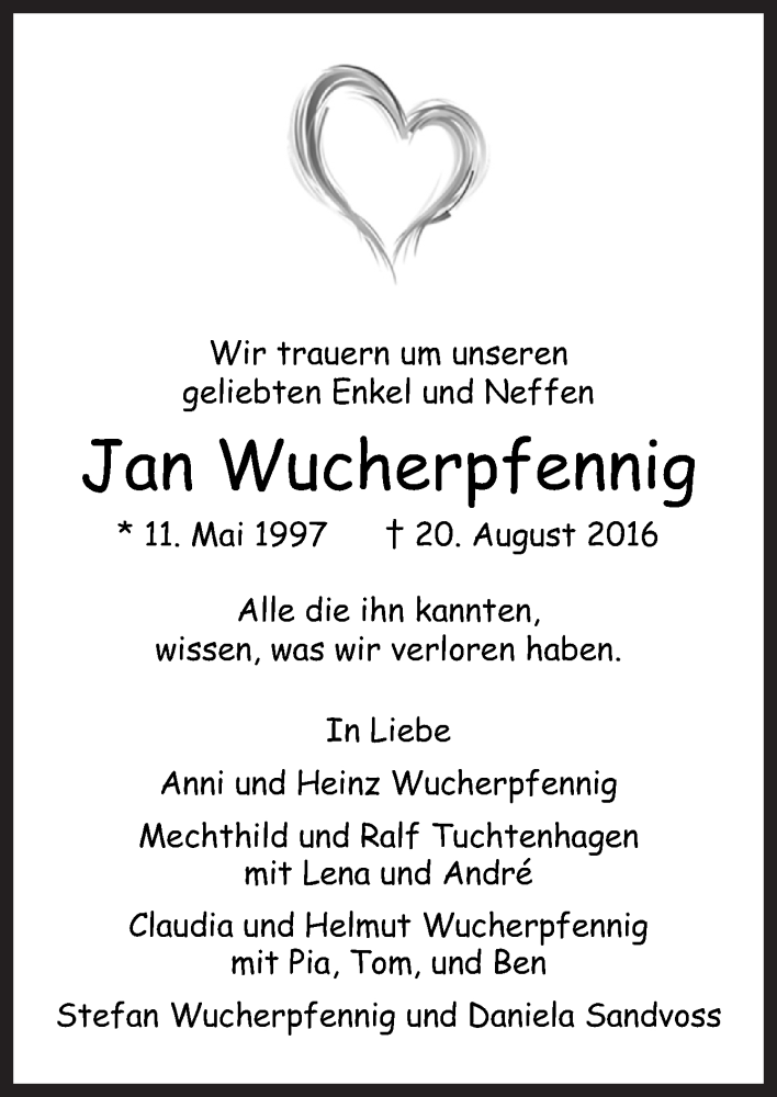  Traueranzeige für Jan Wucherpfennig vom 24.08.2016 aus Neue Osnabrücker Zeitung GmbH & Co. KG