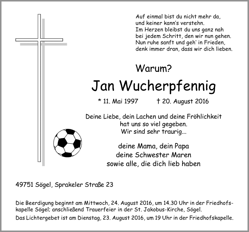  Traueranzeige für Jan Wucherpfennig vom 23.08.2016 aus Neue Osnabrücker Zeitung GmbH & Co. KG