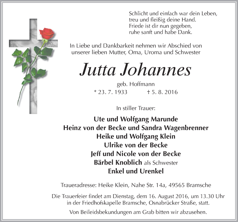  Traueranzeige für Jutta Johannes vom 10.08.2016 aus Neue Osnabrücker Zeitung GmbH & Co. KG