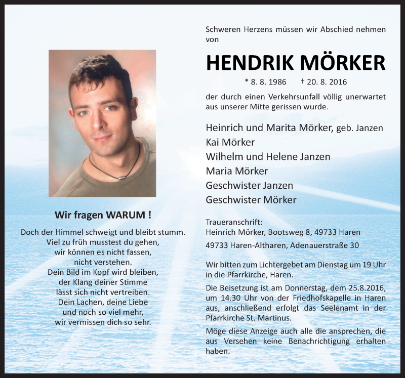  Traueranzeige für Hendrik Mörker vom 23.08.2016 aus Neue Osnabrücker Zeitung GmbH & Co. KG
