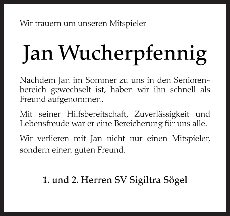 Traueranzeige für Jan Wucherpfennig vom 25.08.2016 aus Neue Osnabrücker Zeitung GmbH & Co. KG