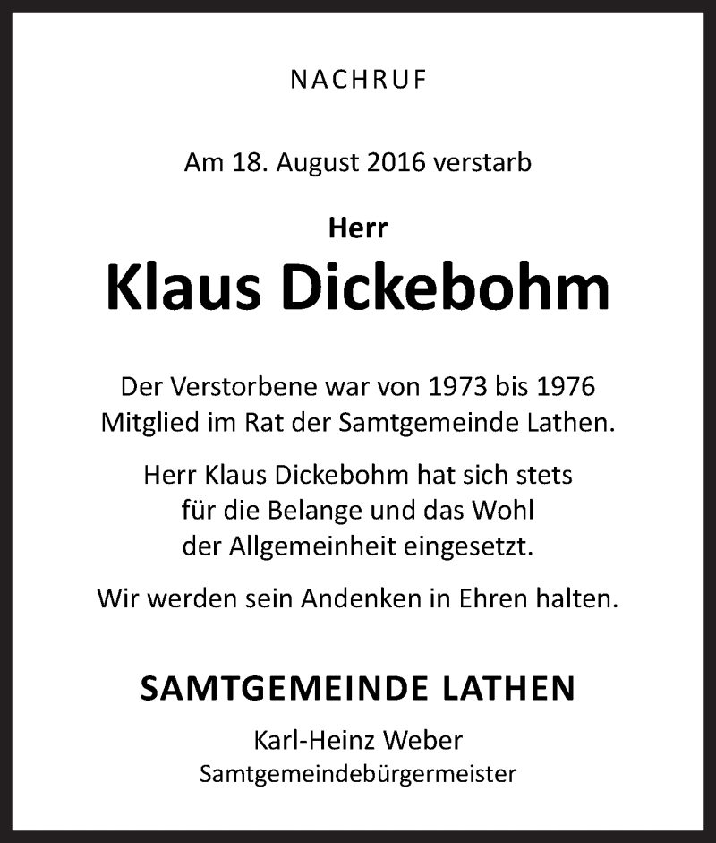  Traueranzeige für Klaus Dickebohm vom 24.08.2016 aus Neue Osnabrücker Zeitung GmbH & Co. KG