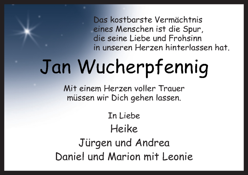  Traueranzeige für Jan Wucherpfennig vom 24.08.2016 aus Neue Osnabrücker Zeitung GmbH & Co. KG