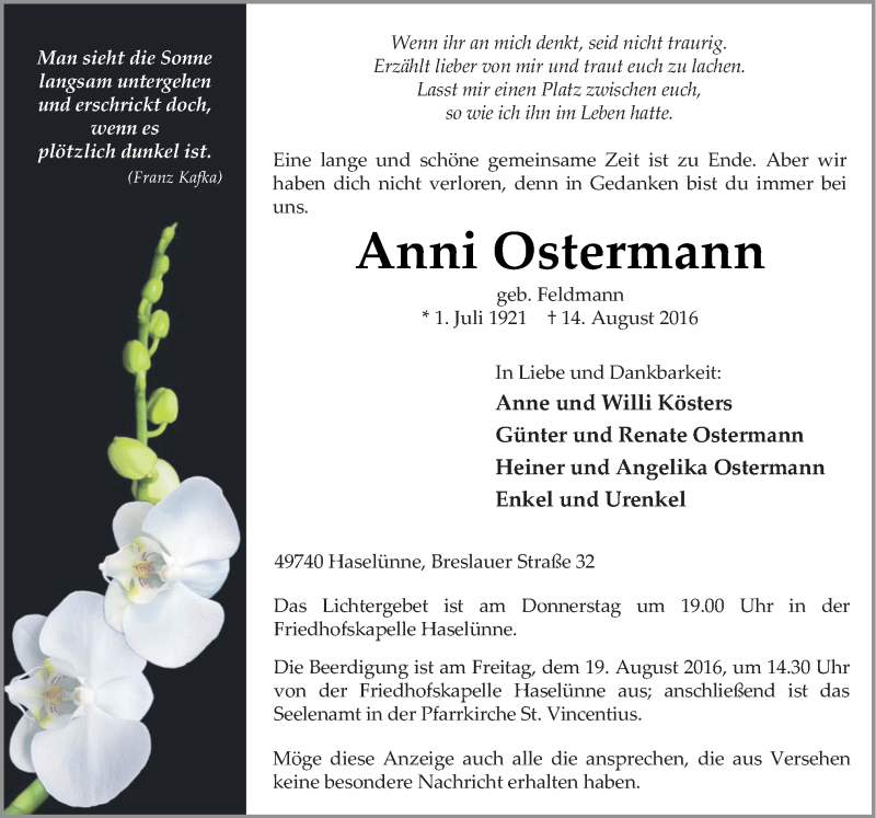  Traueranzeige für Anni Ostermann vom 16.08.2016 aus Neue Osnabrücker Zeitung GmbH & Co. KG