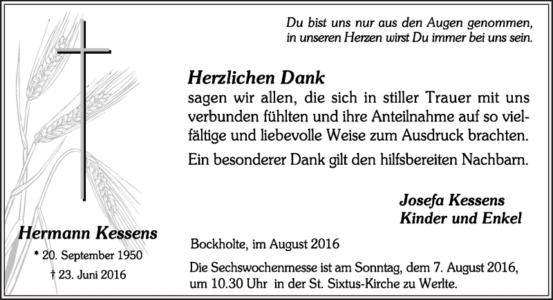  Traueranzeige für Hermann Kessens vom 03.08.2016 aus Neue Osnabrücker Zeitung GmbH & Co. KG