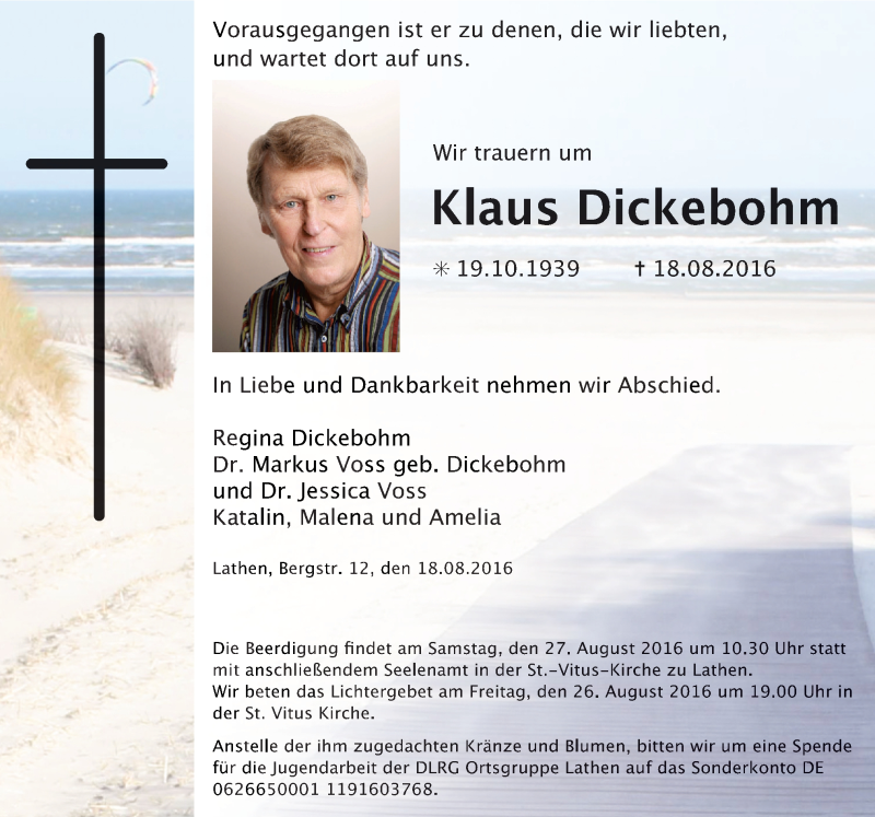  Traueranzeige für Klaus Dickebohm vom 23.08.2016 aus Neue Osnabrücker Zeitung GmbH & Co. KG