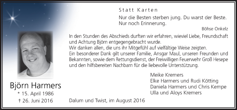  Traueranzeige für Björn Harmers vom 13.08.2016 aus Neue Osnabrücker Zeitung GmbH & Co. KG