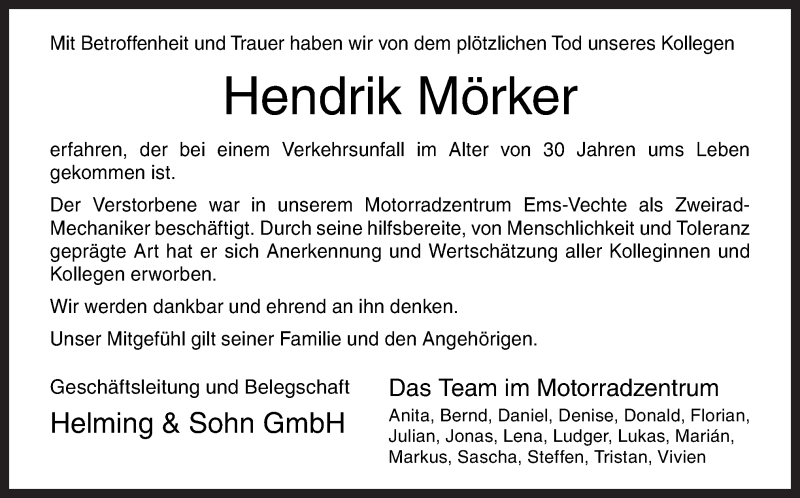  Traueranzeige für Hendrik Mörker vom 25.08.2016 aus Neue Osnabrücker Zeitung GmbH & Co. KG